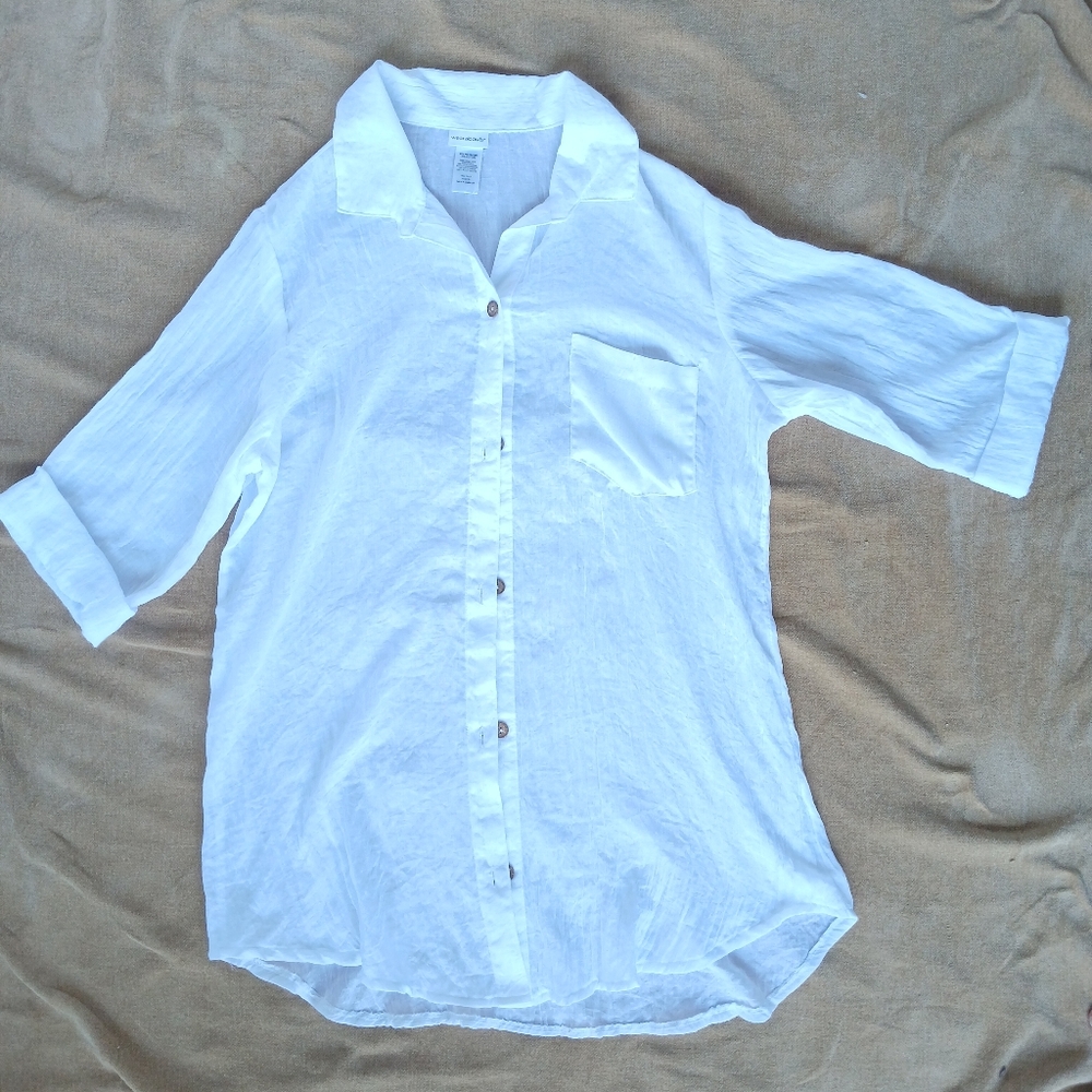 Wearabouts Tunic Buttom Up Shirt Womens White Size XL Relaxed Semi Sheer.